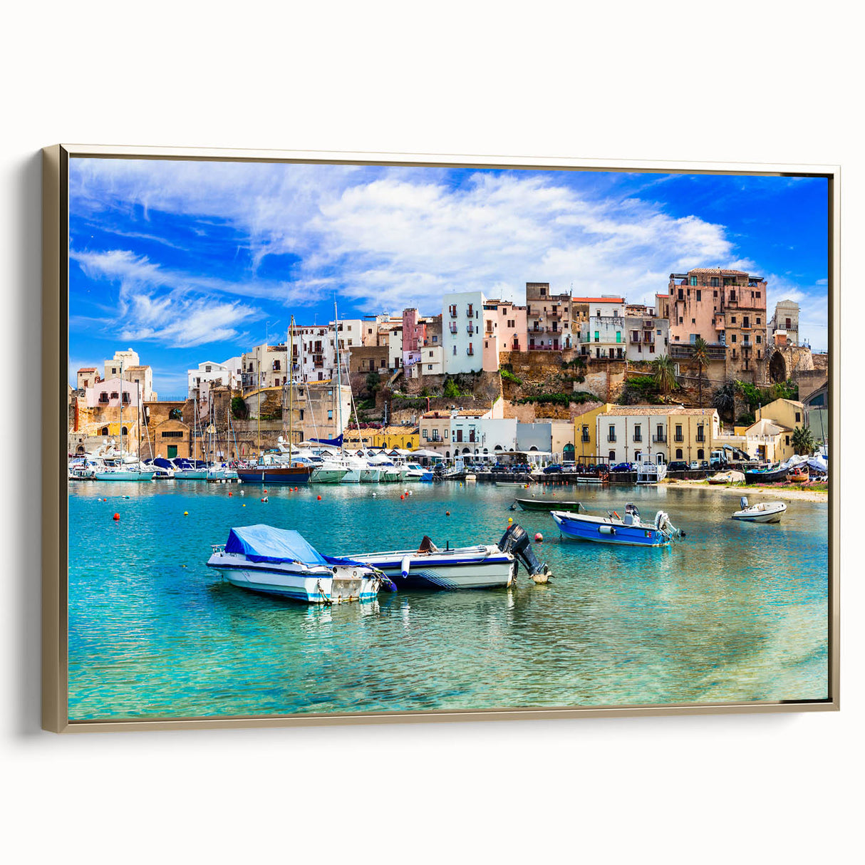 Framed canvas wall art showcasing a serene seascape design with golden accents, perfect for enhancing coastal-themed interiors. Ideal for home decor enthusiasts.