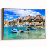 Framed canvas wall art showcasing a serene seascape design with golden accents, perfect for enhancing coastal-themed interiors. Ideal for home decor enthusiasts.