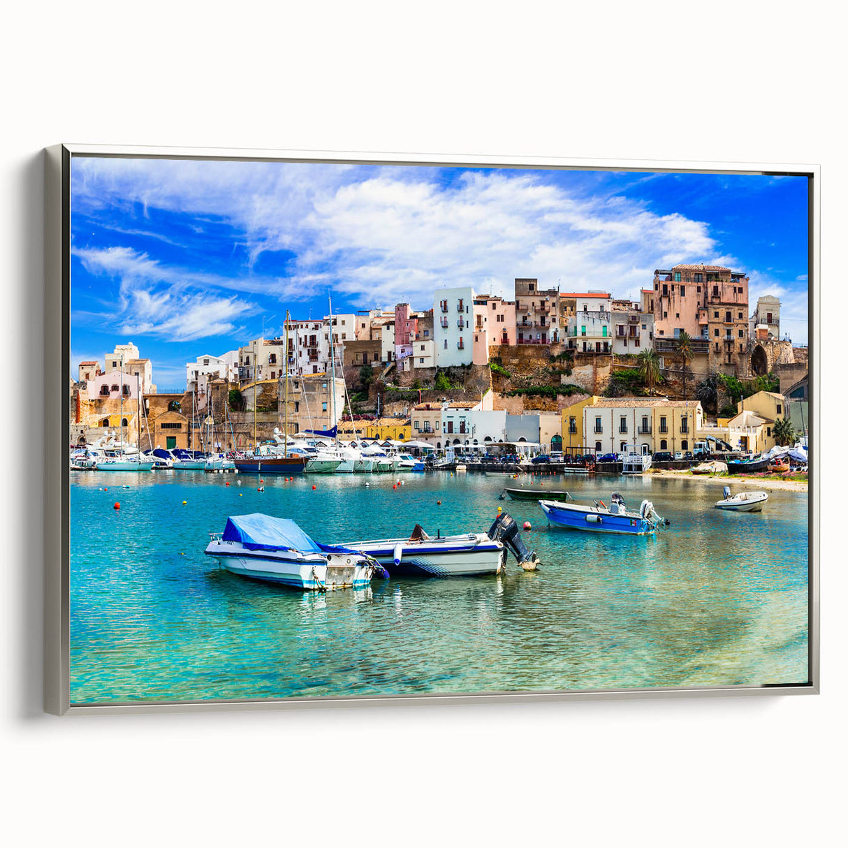 Framed canvas wall art from the Landscapes & Seascapes collection, showcasing a serene coastal scene with silver accents, ideal for modern home decor.