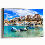 Framed canvas wall art from the Landscapes & Seascapes collection, showcasing a serene coastal scene with silver accents, ideal for modern home decor.