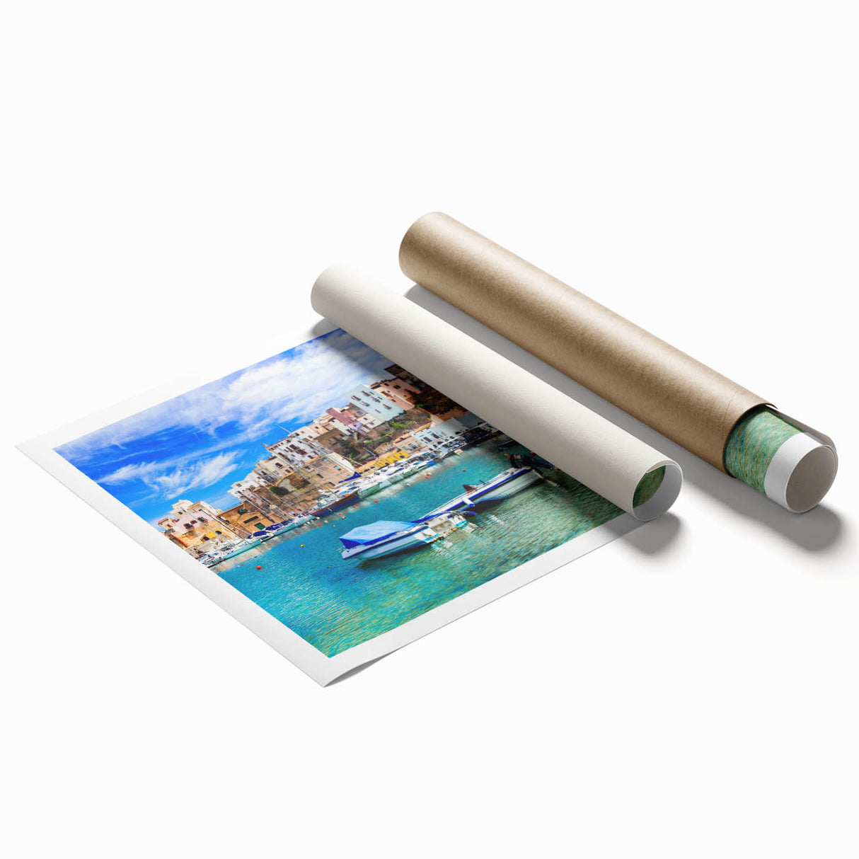 Rolled print of a serene seascape design, showcasing vibrant blues and soft whites, ideal for modern home decor. Comes in a protective cardboard tube for shipping.