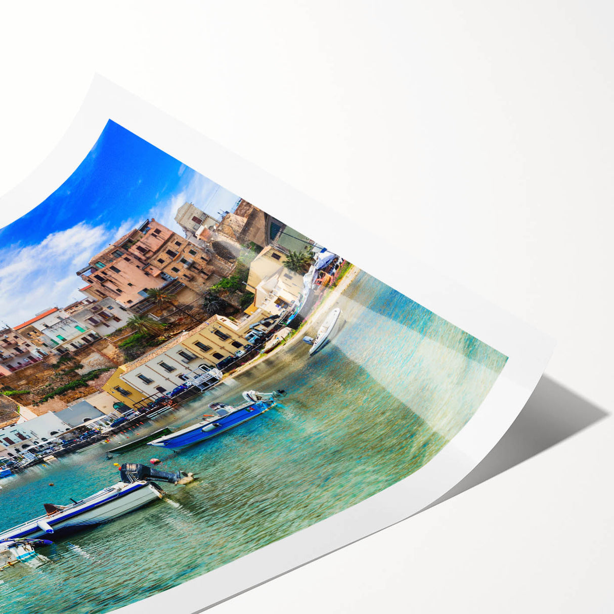 Stunning rolled print of a seascape landscape design, showcasing vibrant blues and greens, ideal for home decor. Perfect for enhancing any coastal-themed interior.