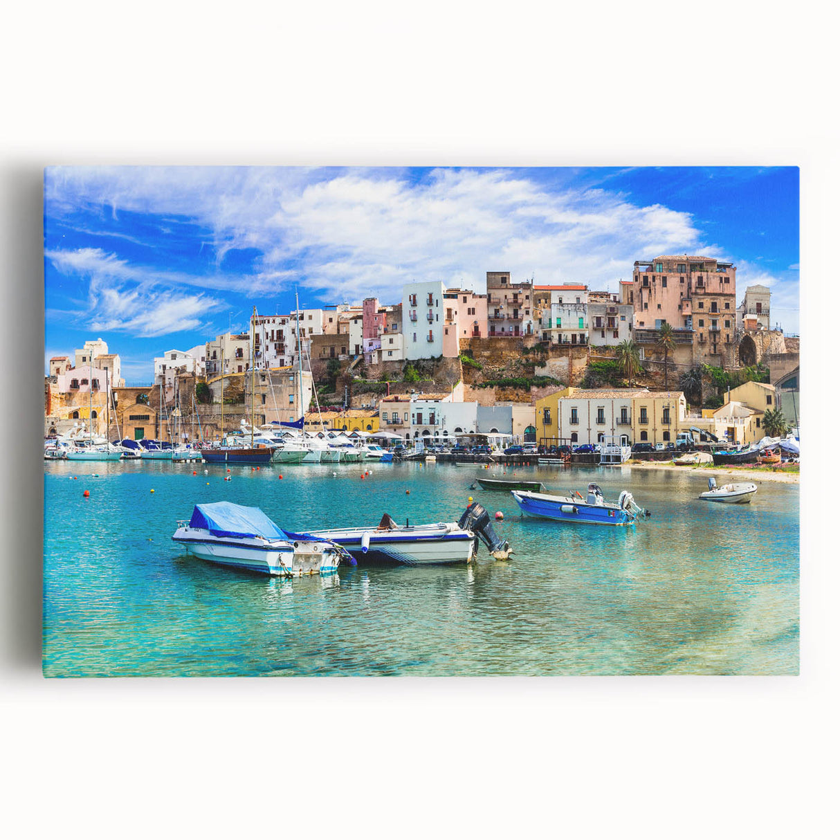 Stretched canvas wall art featuring a serene seascape design, showcasing calming blue ocean waves and a vibrant sunset. Perfect for coastal home decor.