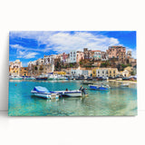 Stretched canvas wall art collection depicting a serene seascape design with calming blue and green hues, leaning against a rustic wooden backdrop, perfect for home decor.