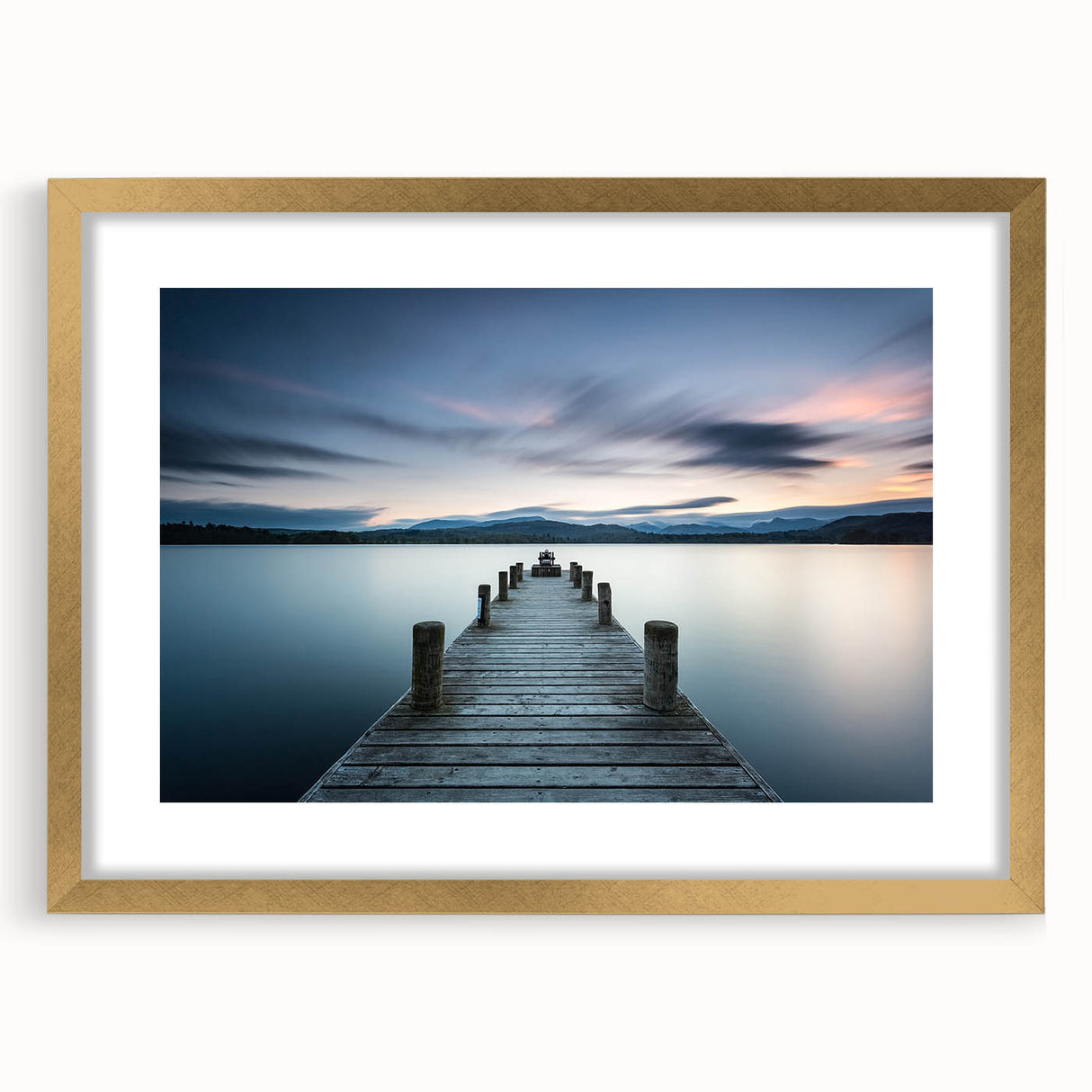 Elegant gold-framed wall art featuring a serene seascape design, complete with a white mat, perfect for enhancing home decor aesthetics.