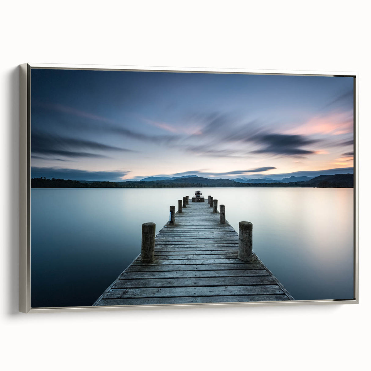 Framed canvas wall art showcasing serene seascape design with vibrant colors and silver frame; ideal for enhancing home decor with coastal themes.