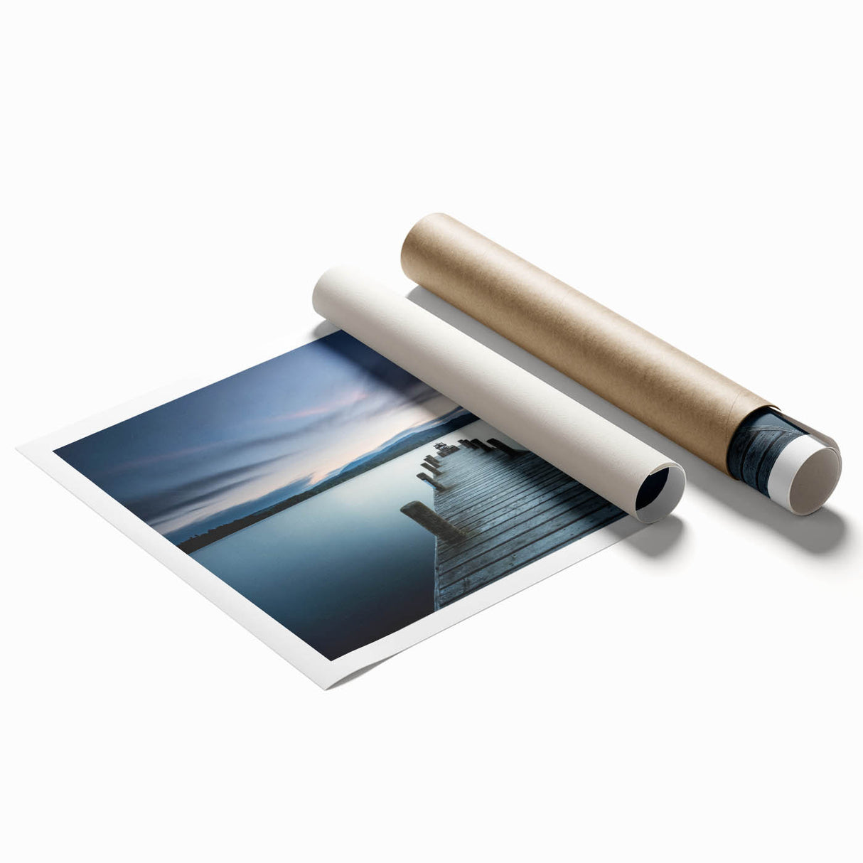 Vibrant seascape wall art print showcasing a serene ocean view with gentle waves and a colorful sunset, rolled for easy transport and display. Perfect for coastal home decor enthusiasts.