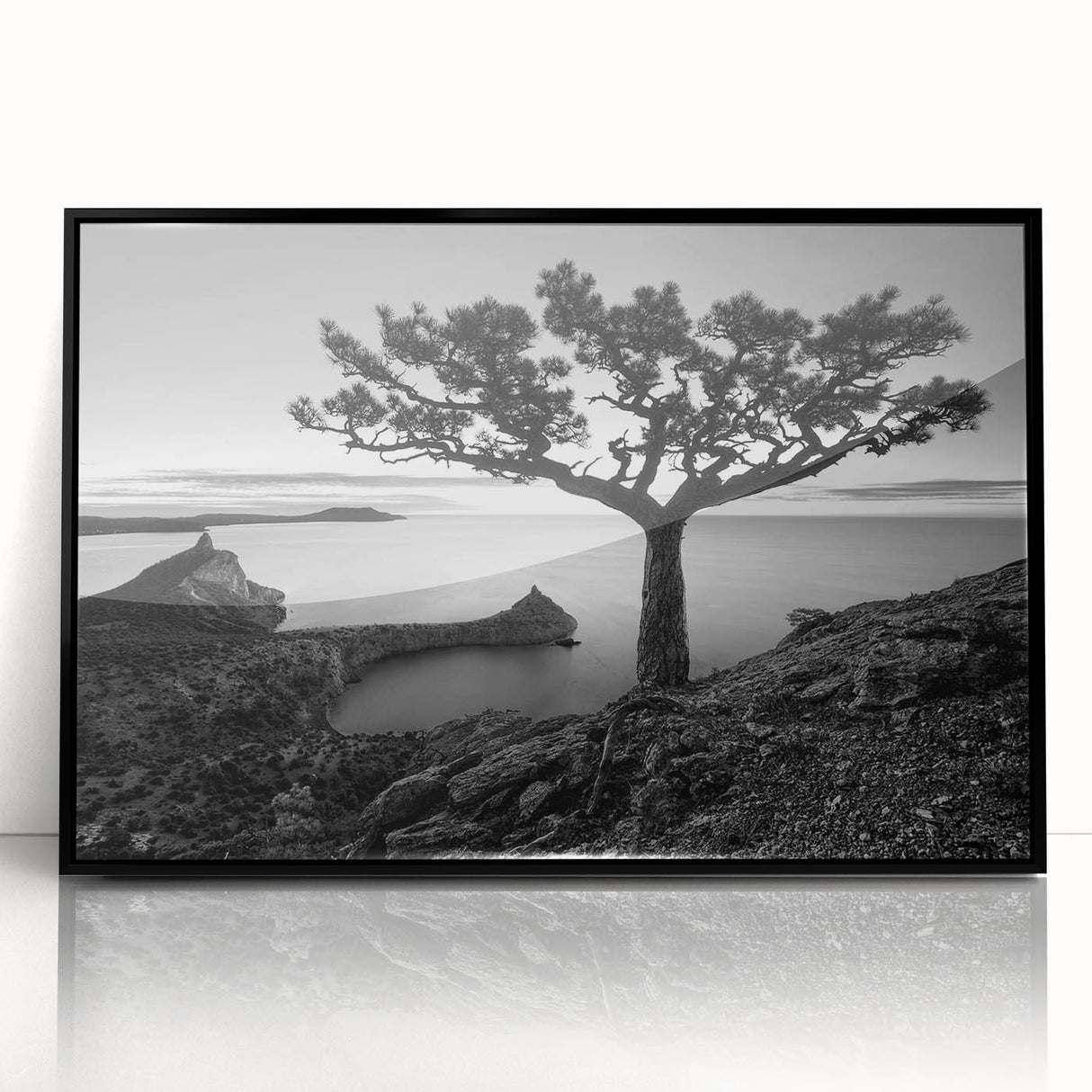 Framed acrylic wall art showcasing a vibrant seascape design with deep blues and greens, set against a sleek black frame, perfect for modern home decor.