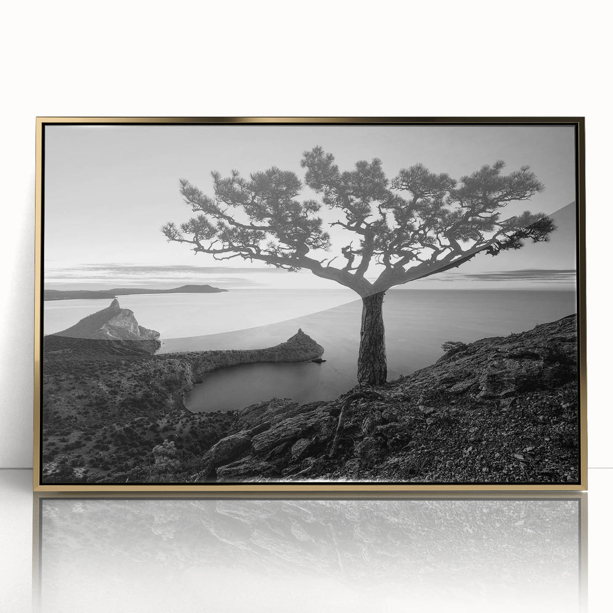 Framed acrylic wall art from the Landscapes & Seascapes collection, showcasing a vibrant coastal scene with gold accents, ideal for modern home decor.