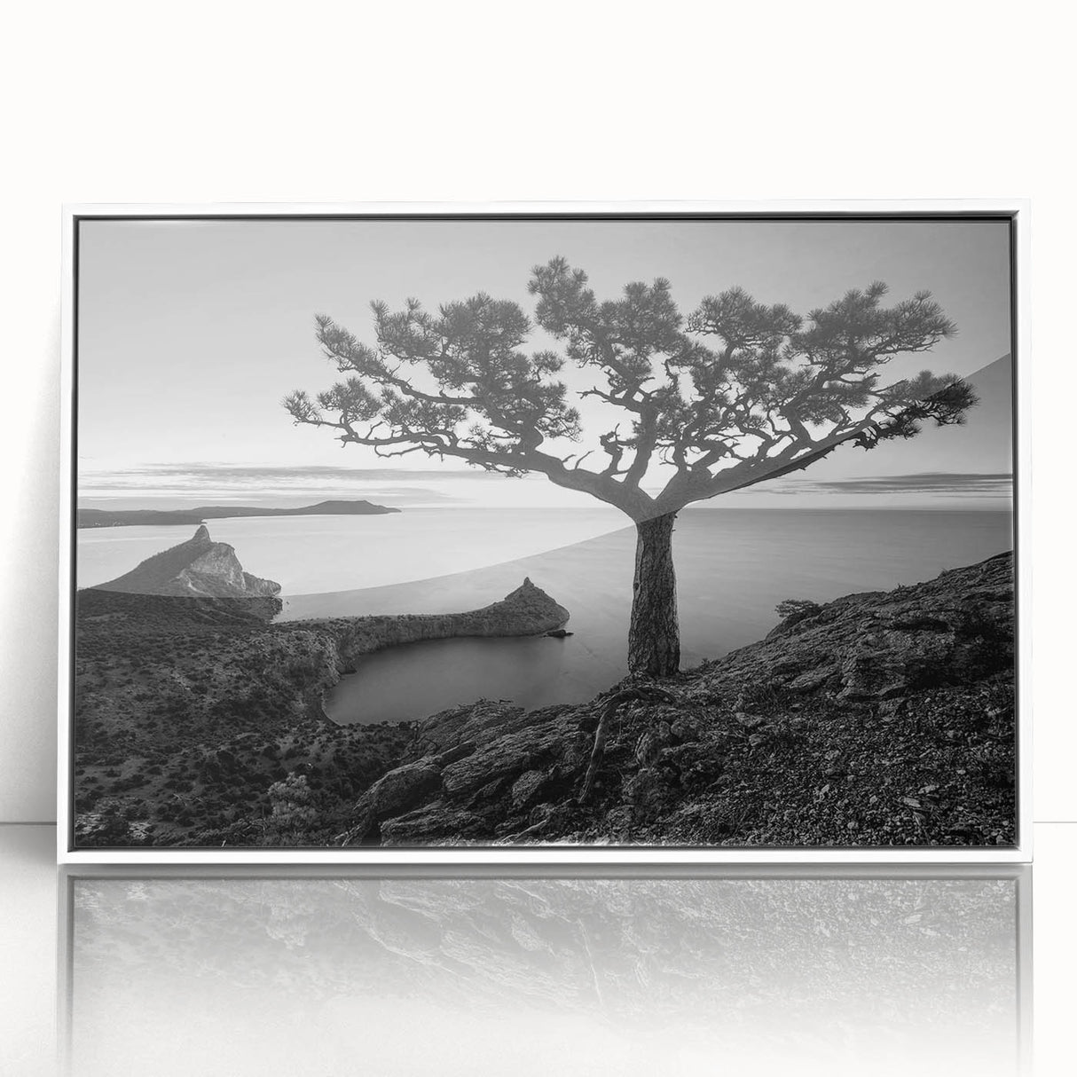 Framed wall art featuring a serene seascape design with vibrant colors and intricate details, presented in a sleek white frame, ideal for coastal home decor.