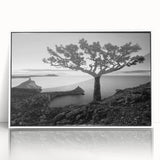 Framed wall art featuring a serene seascape design with vibrant colors and intricate details, presented in a sleek white frame, ideal for coastal home decor.