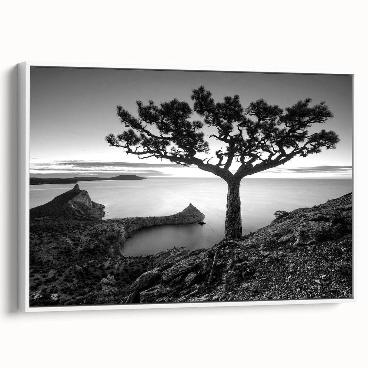 Framed canvas wall art showcasing a serene seascape design with vibrant blues and whites, elegantly presented from a side view against a white background, ideal for coastal decor enthusiasts.