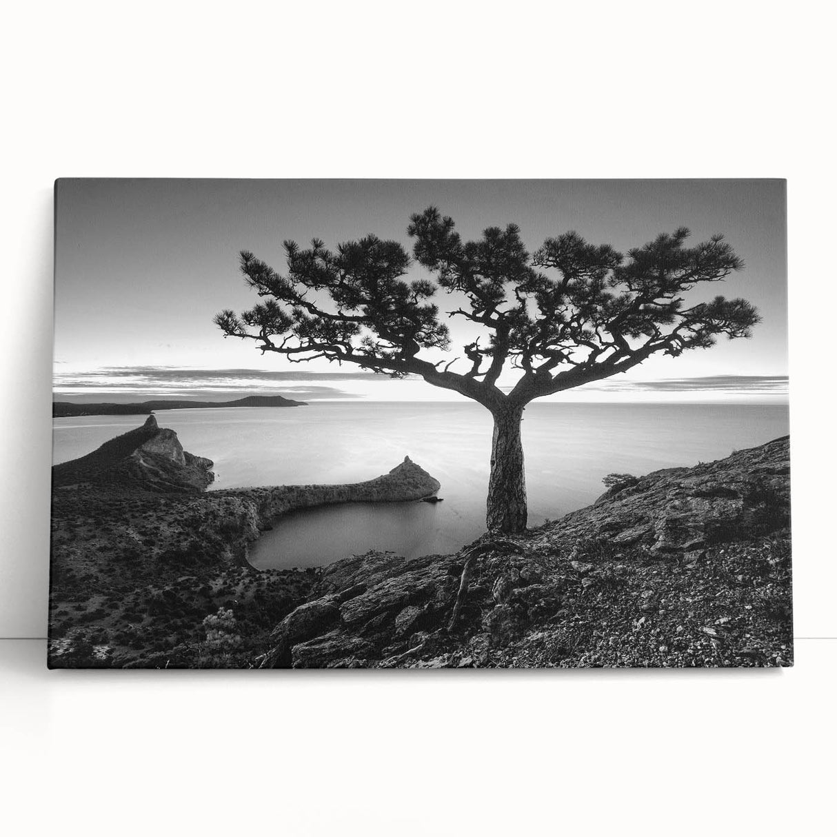 Stretched canvas artwork showcasing a vibrant seascape design with calming blue and turquoise hues, leaning against a neutral wall, perfect for coastal decor enthusiasts.