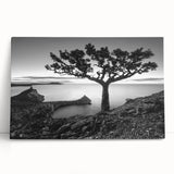 Stretched canvas artwork showcasing a vibrant seascape design with calming blue and turquoise hues, leaning against a neutral wall, perfect for coastal decor enthusiasts.
