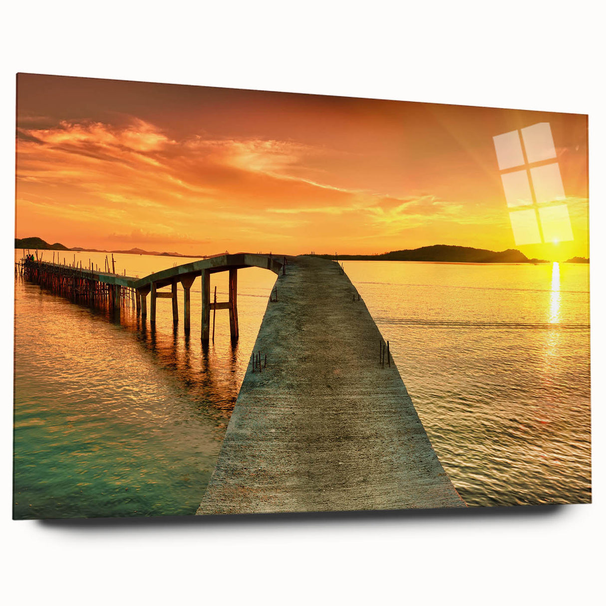 Acrylic glass wall art featuring a stunning seascape design, showcasing vibrant blues and greens, displayed elegantly from a side view without mounting pins. Perfect for coastal-themed decor.