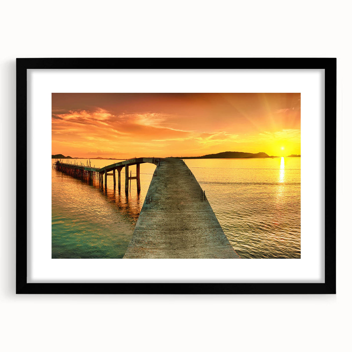 Framed wall art collection showcasing a serene seascape with a black mat, designed to enhance interior decor and create a calming atmosphere in any room setting.