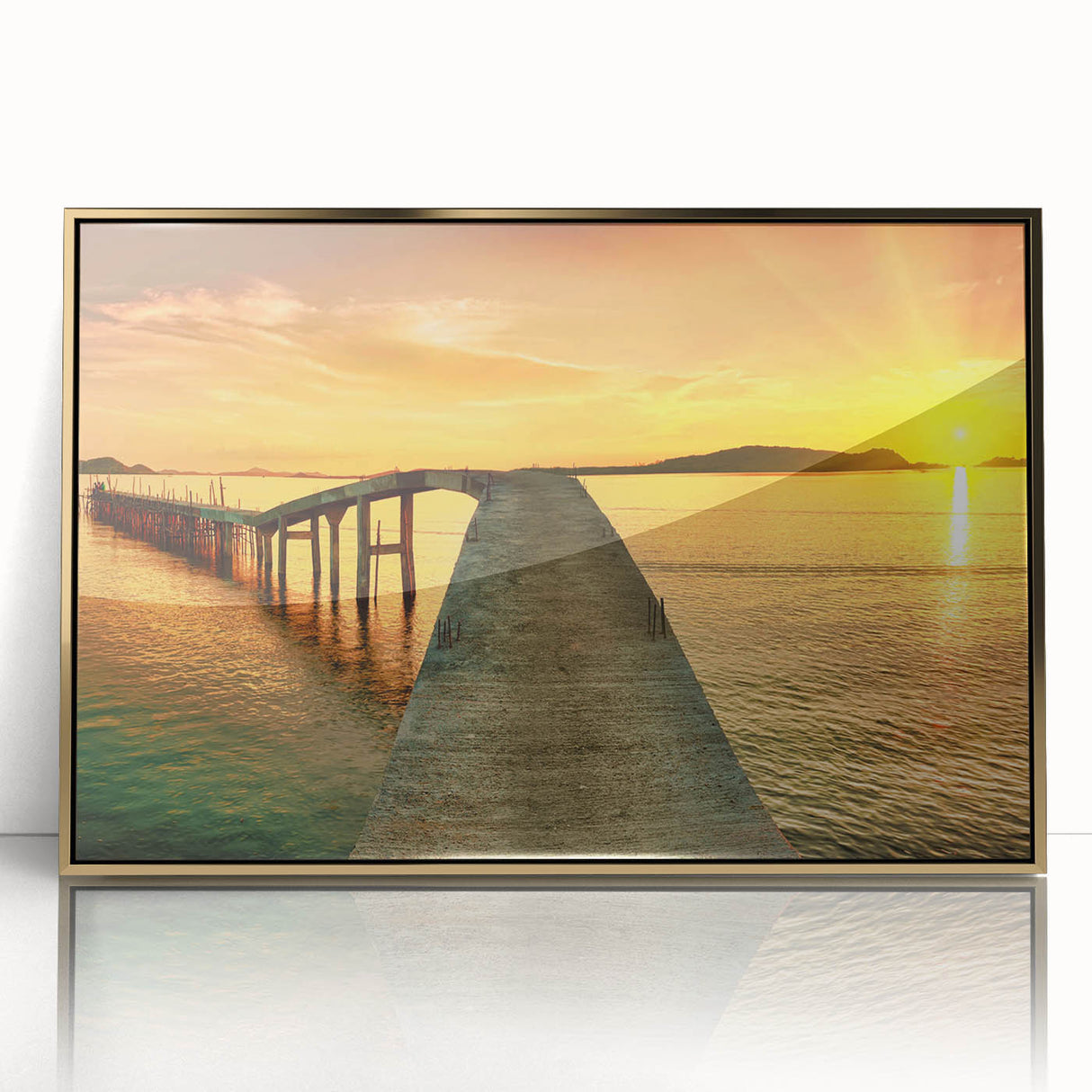 Framed wall art piece showcasing a stunning seascape design with vibrant blue and gold colors, elegantly displayed in an acrylic frame, perfect for coastal-themed decor.