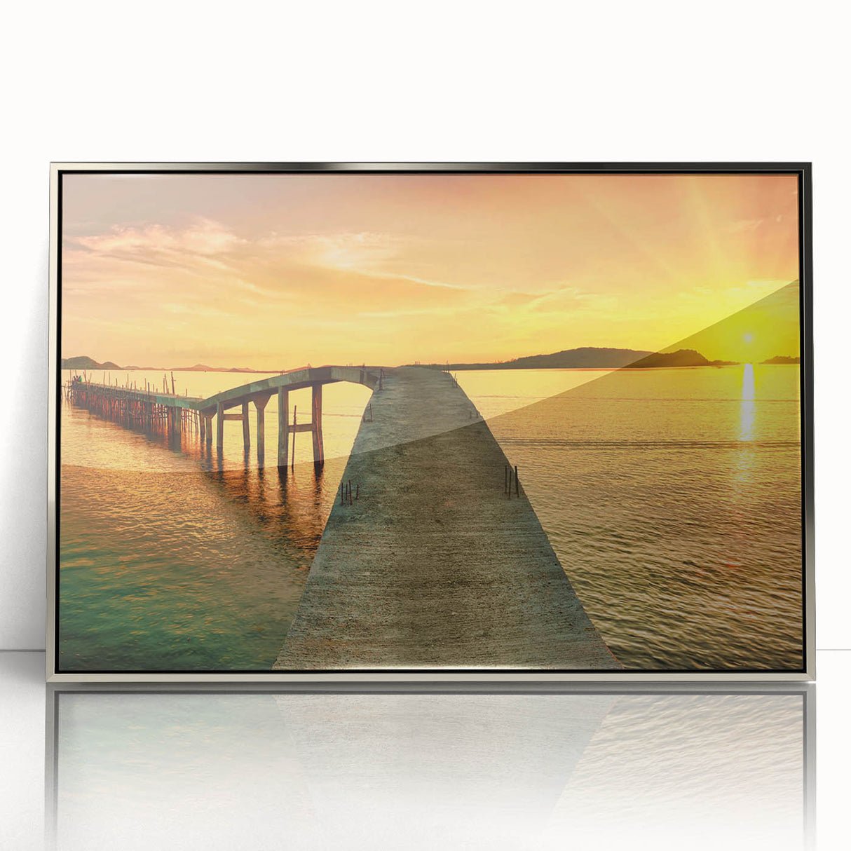 Framed wall art collection featuring a stunning seascape design with vibrant colors and a sleek silver frame, perfect for enhancing modern home decor.