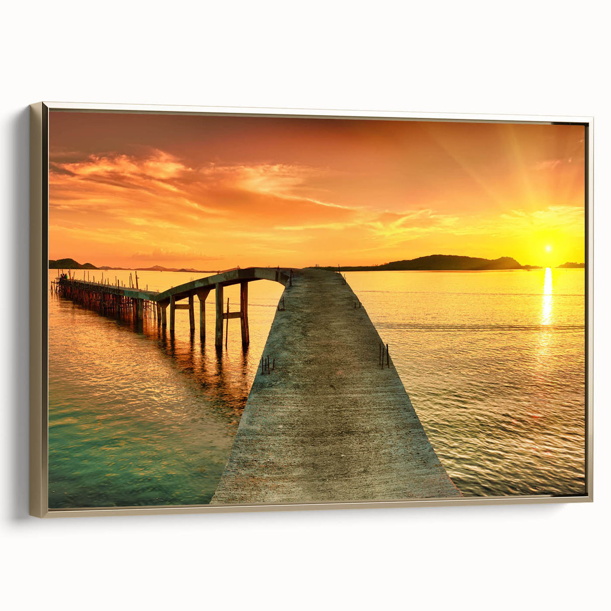 Framed canvas wall art showcasing a serene seascape design with gold accents, presented from the side view, ideal for enhancing modern home decor. Perfect for coastal-themed interiors.