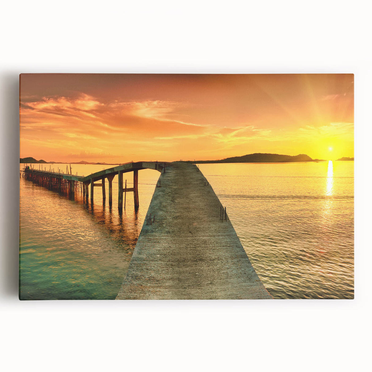 Stretched canvas wall art depicting a serene seascape with vibrant blues and soft whites, perfect for coastal-themed decor, enhancing any living space.