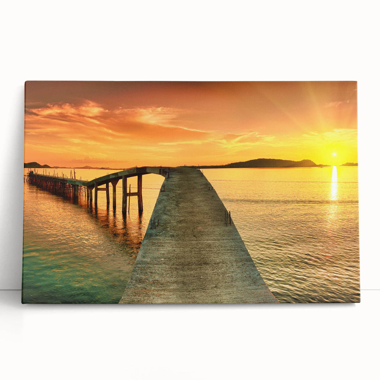 Stretched canvas wall art showcasing a serene seascape design with soft blue and green hues, leaning against a neutral wall, perfect for coastal decor.