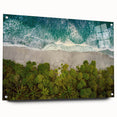 Acrylic glass wall art collection showcasing a vibrant seascape design, displayed from a side view with visible mounting pins, perfect for enhancing modern home decor.
