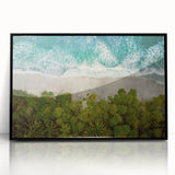 Framed acrylic wall art showcasing a stunning seascape design with vibrant blue and green hues, perfect for enhancing modern home decor. Ideal for coastal-themed interiors.