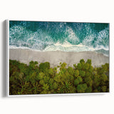 Framed canvas wall art collection showcasing a serene seascape design with calming blues and whites, presented in a sleek white frame for elegant decor.