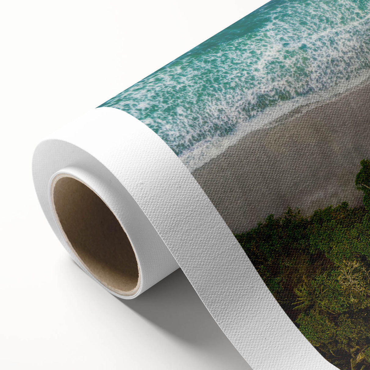 Rolled canvas artwork showcasing a serene seascape design with calming blue and green tones, ideal for home decor. Features a textured surface to enhance visual appeal.