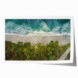 Rolled print of a serene seascape design showcasing vibrant blues and soft whites, featuring gentle waves and a tranquil horizon, ideal for coastal decor enthusiasts.