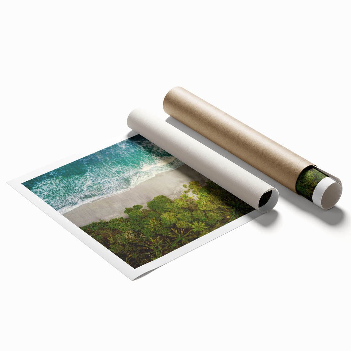 Vibrant rolled print of a serene seascape, showcasing soft waves and a colorful sunset, ideal for coastal-themed decor and art enthusiasts.