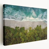 Stretched canvas wall art featuring a vibrant seascape design, showcasing dynamic waves and a colorful sunset, ideal for coastal home decor.