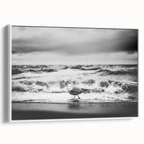 Framed canvas wall art showcasing a serene ocean landscape with vibrant blues and subtle whites, designed to enhance modern home decor with its elegant side view.