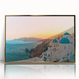 Framed wall art featuring a coastal seascape design with a gold-accented frame, showcasing vibrant blues and serene ocean waves, perfect for home decor.