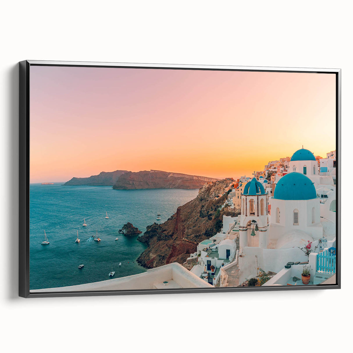 Framed canvas wall art showcasing a stunning seascape design with vibrant blues and earthy tones, elegantly presented in a black frame, ideal for coastal-themed decor.
