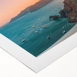 Rolled canvas showcasing a vibrant seascape design, featuring dynamic waves and a bright sunset palette, packaged securely in a protective cardboard tube for shipping.