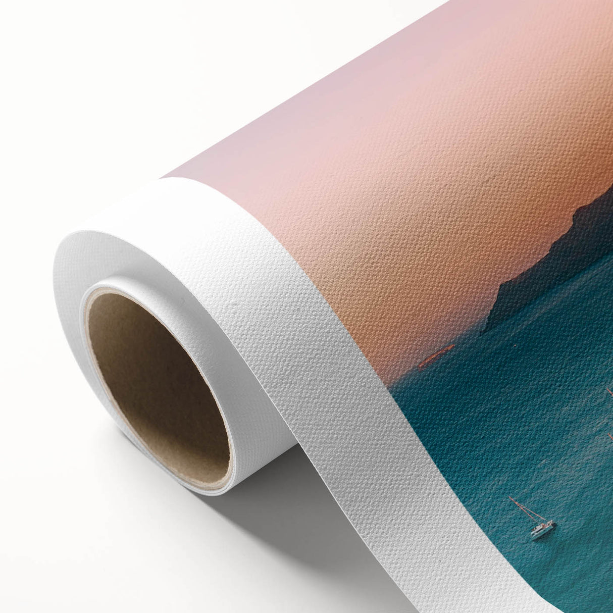 Vibrant rolled canvas showcasing an abstract seascape design in shades of blue and green, ideal for modern home decor, packaged securely for delivery.