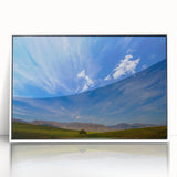 Framed acrylic wall art featuring a serene landscape design with vibrant colors and intricate details, displayed in a sleek white frame, ideal for modern decor.