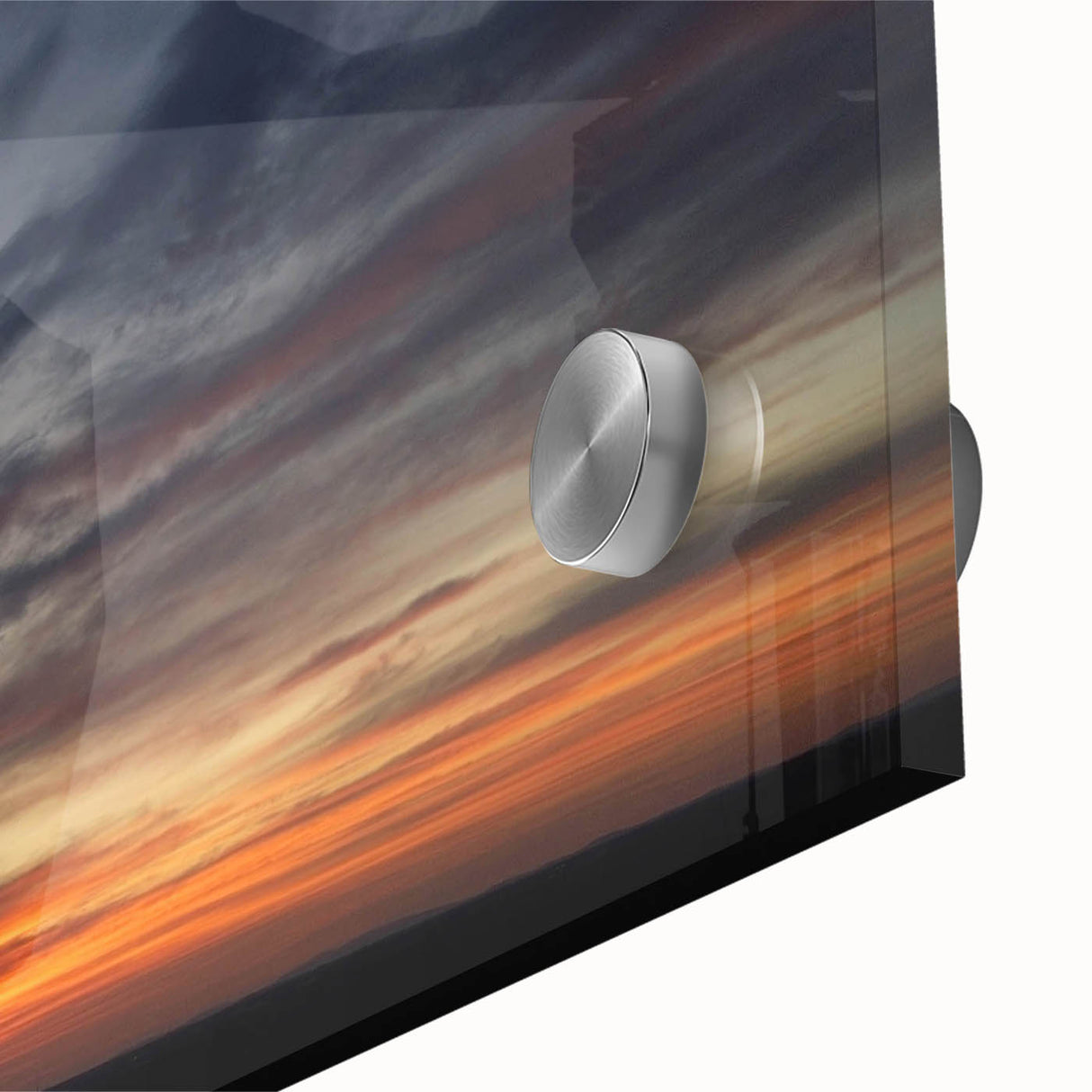 Close-up of a vibrant acrylic glass wall art piece showcasing a stunning landscape and skyscape design, ideal for modern home decor. The artwork features vivid colors and intricate details, enhancing any interior space.