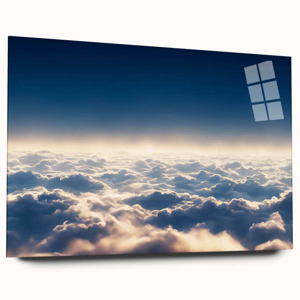 Acrylic glass wall art display featuring a vibrant landscape and skyscape design, showcasing vivid colors and intricate details, ideal for modern home decor.