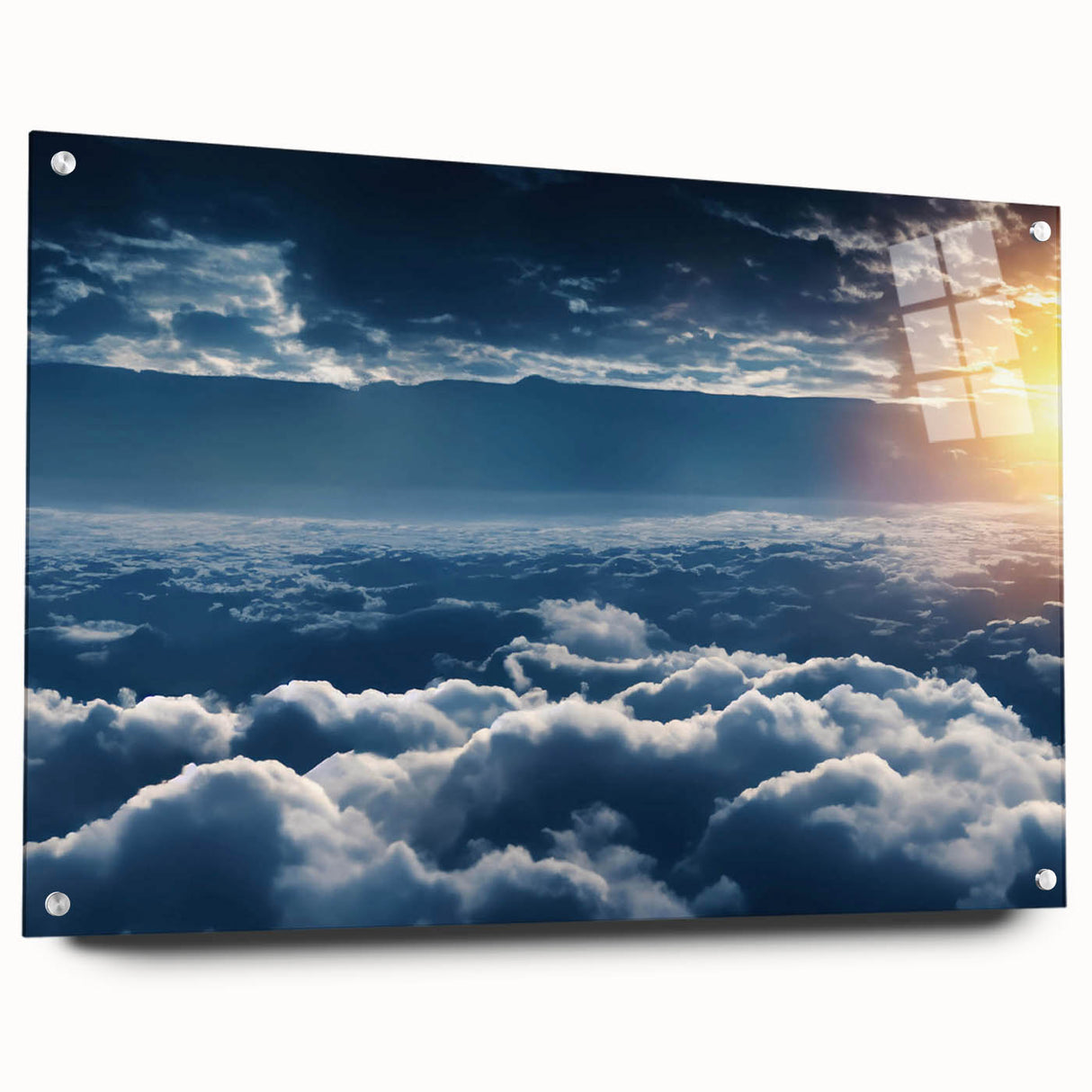 Acrylic glass wall art collection showcasing a stunning landscape and skyscape design, side view highlighting mounting pins, ideal for modern decor.