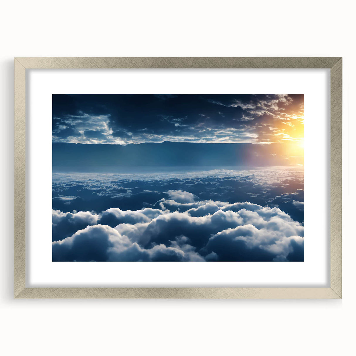 Framed silver wall art featuring a stunning landscape and skyscape design, showcasing vibrant colors and intricate details, perfect for modern home decor.