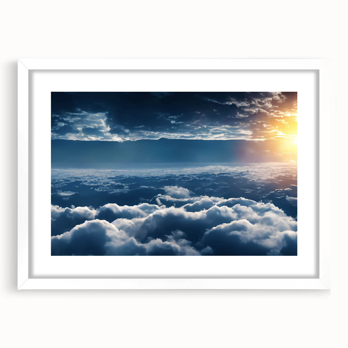 Framed landscape wall art collection featuring serene skyscapes in soft pastel colors, displayed in a white mat and sleek frame, perfect for modern home decor.