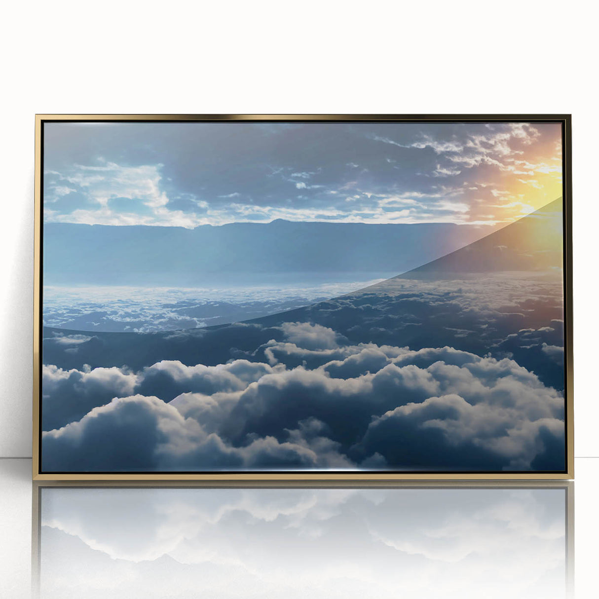 Framed acrylic wall art showcasing a stunning landscapes and skyscapes design with a gold frame, enhancing modern decor for home or office spaces.