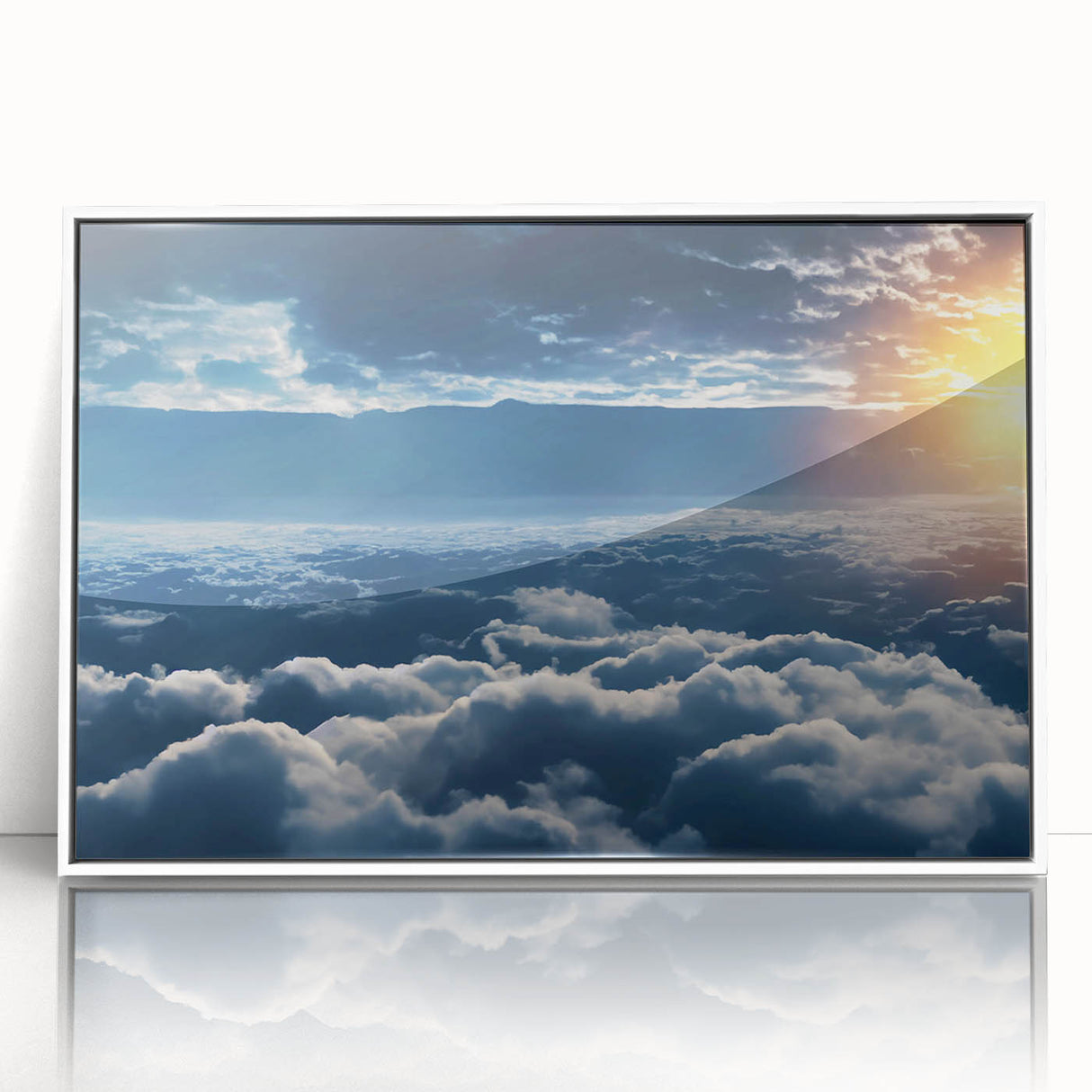 Framed acrylic wall art showcasing a vibrant landscapes and skyscapes design in a white frame, perfect for modern home decor, enhancing interior aesthetics.