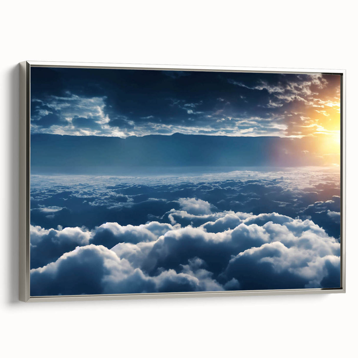 Framed canvas wall art showcasing a serene landscape with vibrant colors, featuring a silver frame and a side view perspective, ideal for modern home decor.