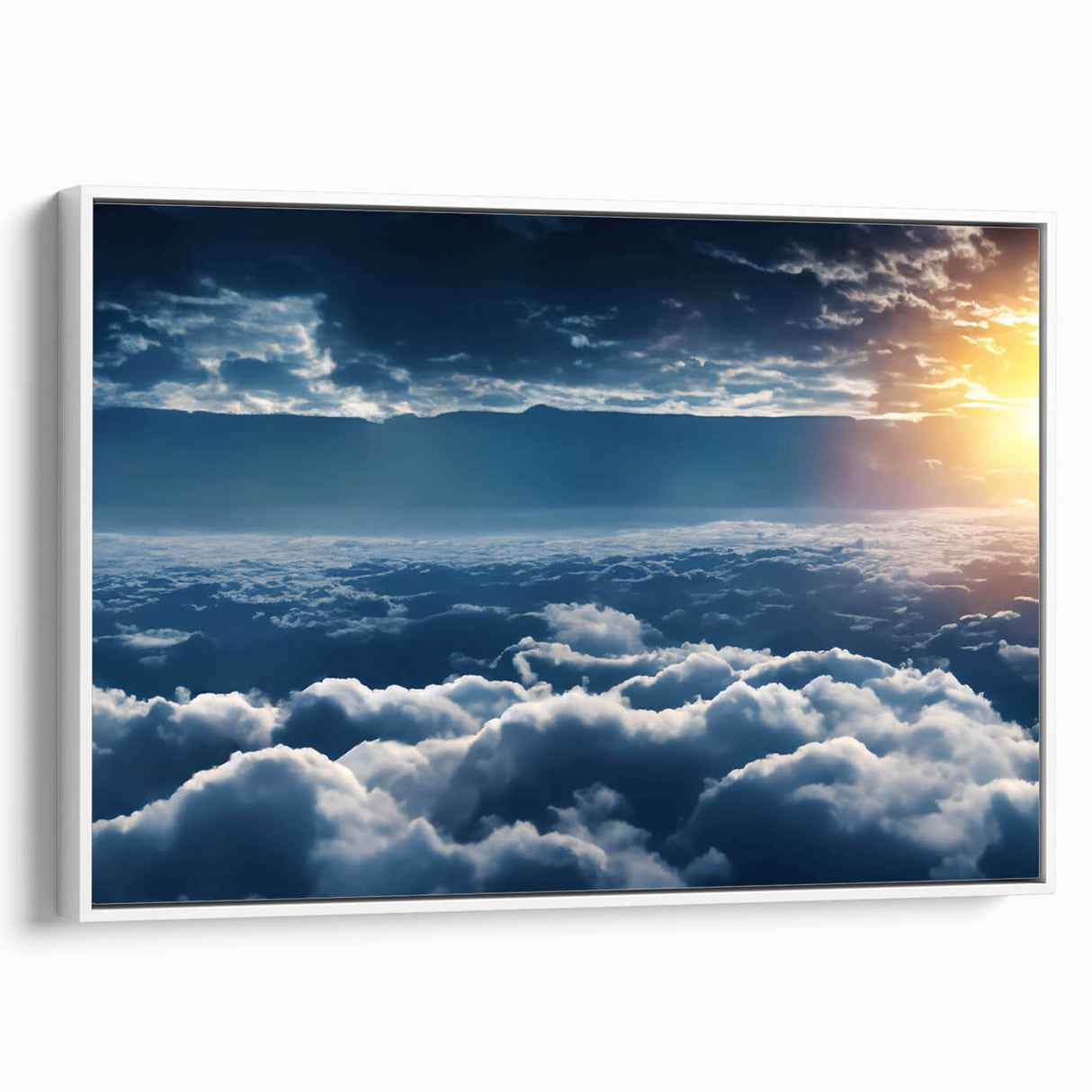 Framed canvas wall art showcasing a stunning landscape design with vibrant colors, featuring mountains and a sunset, displayed from a side view against a white background.