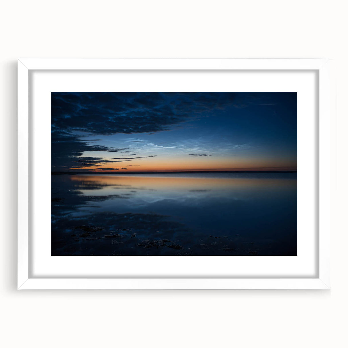 Framed white mat wall art showcasing a serene landscape with soft pastel colors, perfect for home decor, enhancing tranquility and elegance in any room setting.