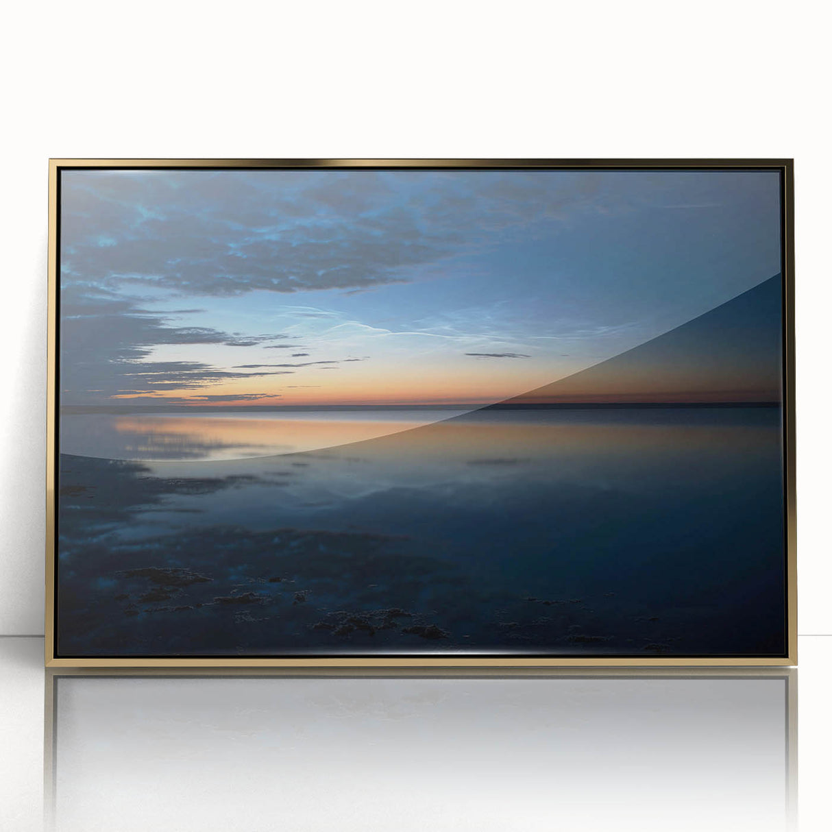 Framed acrylic wall art featuring a stunning landscape design with vibrant colors and intricate details, set in a chic gold frame for elegant decor. The artwork showcases a captivating skyscape, perfect for enhancing home interiors.