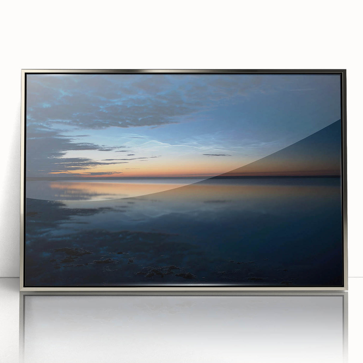 Framed acrylic wall art featuring a vibrant skyscape design, showcasing a blend of blues and warm hues, ideal for modern home decor. Perfect for elevating interior aesthetics.